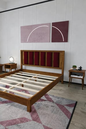 Ori̇on Model Bordo Puf Başlıklı Masif Ahşap Karyola Kolay Kurulum Fırınlanmış İthal Sibirya Çamı 90x190 Yatak Uyumlu