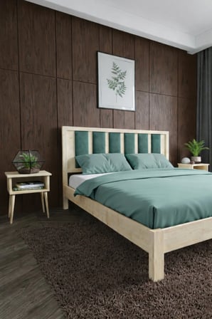 Ori̇on Model Çağla Yeşili Puf Başlıklı Masif Ahşap Karyola Kolay Kurulum Fırınlanmış İthal Sibirya Çamı 90x190 Yatak Uyumlu