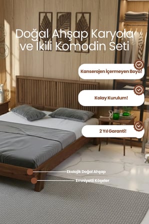 Alaz Model Dikey Başlıklı Masif Ahşap Karyola ve 2 Adet Komodin Kolay Kurulum Fırınlanmış İthal Sibirya Çamı 90x190 Yatak Uyumlu 2 Adet Komodin