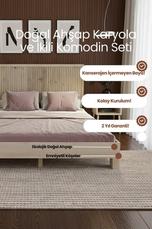 Alaz Model Dikey Başlıklı Masif Ahşap Karyola ve 2 Adet Komodin Kolay Kurulum Fırınlanmış İthal Sibirya Çamı 90x190 Yatak Uyumlu 2 Adet Komodin