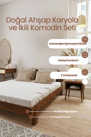 Damla Model 2 Başlıklı Masif Ahşap Karyola ve 2 Adet Komodin Kolay Kurulum Fırınlanmış İthal Sibirya Çamı 90x190 Yatak Uyumlu 2 Adet Komodin