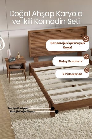 Ebruli̇ Model Yatay Başlıklı Masif Ahşap Karyola ve 2 Adet Komodin Kolay Kurulum Fırınlanmış İthal Sibirya Çamı 90x190 Yatak Uyumlu 2 Adet Komodin
