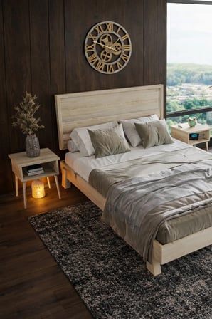Hüma Model Yatay Başlıklı Masif Ahşap Karyola ve 2 Adet Komodin Kolay Kurulum Fırınlanmış İthal Sibirya Çamı 90x190 Yatak Uyumlu 2 Adet Komodin