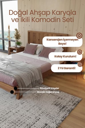 Hüma Model Dikey Başlıklı Masif Ahşap Karyola ve 2 Adet Komodin Kolay Kurulum Fırınlanmış İthal Sibirya Çamı 90x190 Yatak Uyumlu 2 Adet Komodin