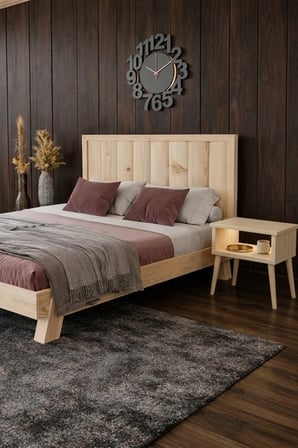 Hüma Model Dikey Başlıklı Masif Ahşap Karyola ve 2 Adet Komodin Kolay Kurulum Fırınlanmış İthal Sibirya Çamı 90x190 Yatak Uyumlu 2 Adet Komodin