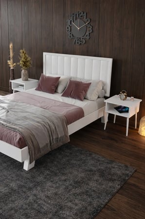Hüma Model Dikey Başlıklı Masif Ahşap Karyola ve 2 Adet Komodin Kolay Kurulum Fırınlanmış İthal Sibirya Çamı 90x190 Yatak Uyumlu 2 Adet Komodin
