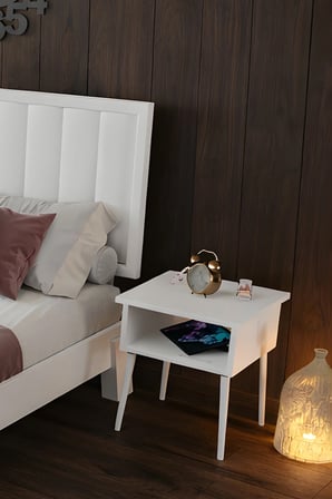 Hüma Model Dikey Başlıklı Masif Ahşap Karyola ve 2 Adet Komodin Kolay Kurulum Fırınlanmış İthal Sibirya Çamı 90x190 Yatak Uyumlu 2 Adet Komodin
