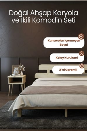Lotus Model Masif Ahşap Karyola ve 2 Adet Komodin Kolay Kurulum Fırınlanmış İthal Sibirya Çamı 90x190 Yatak Uyumlu 2 Adet Komodin