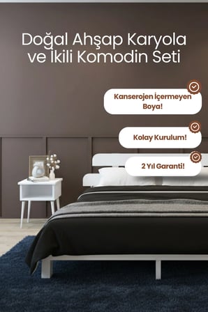 Lotus Model Masif Ahşap Karyola ve 2 Adet Komodin Kolay Kurulum Fırınlanmış İthal Sibirya Çamı 90x190 Yatak Uyumlu 2 Adet Komodin