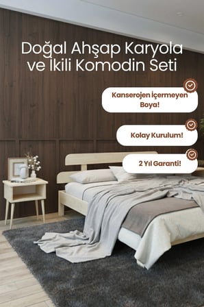 Lotus New Model Masif Ahşap Karyola ve 2 Adet Komodin Kolay Kurulum Fırınlanmış İthal Sibirya Çamı 90x190 Yatak Uyumlu 2 Adet Komodin