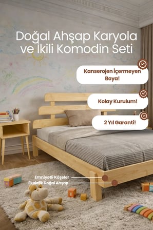 Lotus X Model Masif Ahşap Karyola ve 2 Adet Komodin Kolay Kurulum Fırınlanmış İthal Sibirya Çamı 90x190 Yatak Uyumlu 2 Adet Komodin