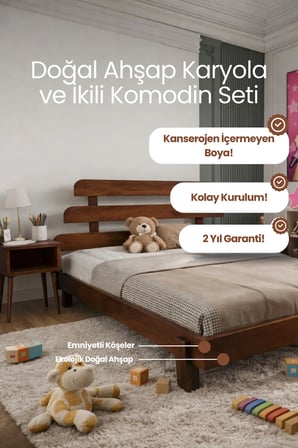 Lotus X Model Masif Ahşap Karyola ve 2 Adet Komodin Kolay Kurulum Fırınlanmış İthal Sibirya Çamı 90x190 Yatak Uyumlu 2 Adet Komodin