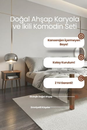 Melodi̇ Model Masif Ahşap Karyola ve 2 Adet Komodin Kolay Kurulum Fırınlanmış İthal Sibirya Çamı 90x190 Yatak Uyumlu 2 Adet Komodin