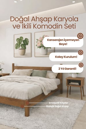 Mi̇rage Model Masif Ahşap Karyola ve 2 Adet Komodin Kolay Kurulum Fırınlanmış İthal Sibirya Çamı 90x190 Yatak Uyumlu 2 Adet Komodin