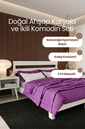 Natura New Model Masif Ahşap Karyola ve 2 Adet Komodin Kolay Kurulum Fırınlanmış İthal Sibirya Çamı 90x200 Yatak Uyumlu 2 Adet Komodin