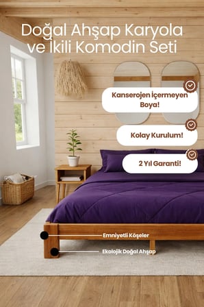 Soft Model Masif Ahşap Karyola ve 2 Adet Komodin Kolay Kurulum Fırınlanmış İthal Sibirya Çamı 140x190 Yatak Uyumlu 2 Adet Komodin