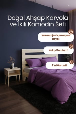 Urban Model Masif Ahşap Karyola ve 2 Adet Komodin Kolay Kurulum Fırınlanmış İthal Sibirya Çamı 90x190 Yatak Uyumlu 2 Adet Komodin