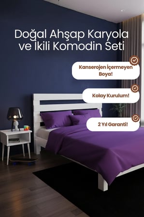 Urban Model Masif Ahşap Karyola ve 2 Adet Komodin Kolay Kurulum Fırınlanmış İthal Sibirya Çamı 90x190 Yatak Uyumlu 2 Adet Komodin