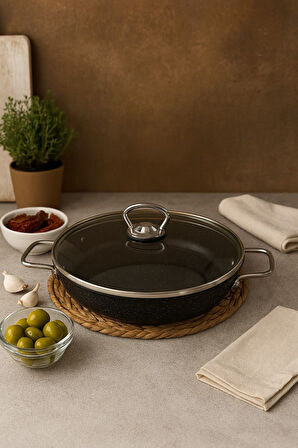 Ekonomik 24 cm Cam Kapaklı Granit Sahan | Yanmaz Yapışmaz Derin Sahan