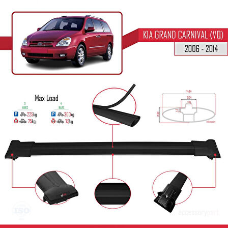 Kia Grand Carnival 2 (VQ) 2006-2014 Arası ile Uyumlu FLY Model Ara Atkı Tavan Barı Siyah 3 Adet