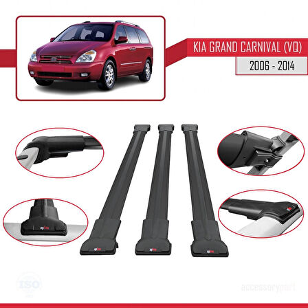 Kia Grand Carnival 2 (VQ) 2006-2014 Arası ile Uyumlu FLY Model Ara Atkı Tavan Barı Siyah 3 Adet