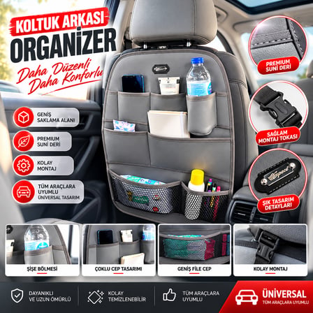 Premium Oto Koltuk Arkası Organizer Koruyucu ve Düzenleyici Suni Deri Su Geçirmez Çok Cepli Fonksiyonlu Araba Araç İçi Cep Çanta Üniversal Gri