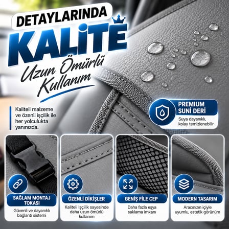 Premium Oto Koltuk Arkası Organizer Koruyucu ve Düzenleyici Suni Deri Su Geçirmez Çok Cepli Fonksiyonlu Araba Araç İçi Cep Çanta Üniversal Gri