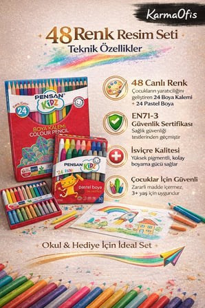 48 Renk Resim Seti – 24 Boya Kalemi + 24 Yumuşak Pastel Boya | Çocuk Boya Seti | Yerli Üretim