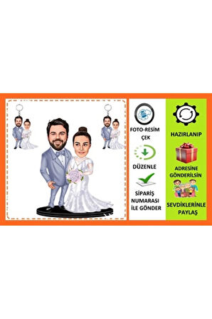Kişiye Özel Gelin Damat 3D Ahşap Biblo/ + 2 Adet Anahtarlık Hediyeli Sevgiliye Hediye,Doğum