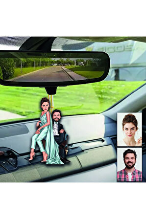 Bay Karı Koca Ahşap Tasarımlı Araba Dikiz Ayna Süsü Magnet Olsun