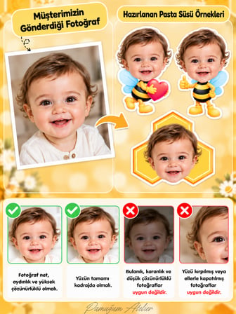 Pamuğum Atelier Kişiye Özel Fotoğraflı Arı Temalı Cupcake Süsü Bebek, Çocuk Doğum Günü Pasta Süsü (6 Adet)