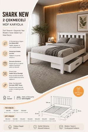 Shark New 2 Çekmeceli Tek Kişilik MDF Karyola