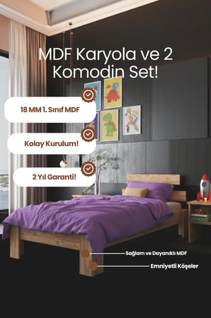 Lotus   Tek Kişilik MDF Karyola ve 2 Komodinli Set