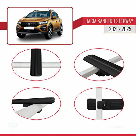 Dacia Sandero Stepway 3 2021 ve Sonrası ile Uyumlu BASIC Model Ara Atkı Tavan Barı Siyah 3 Adet