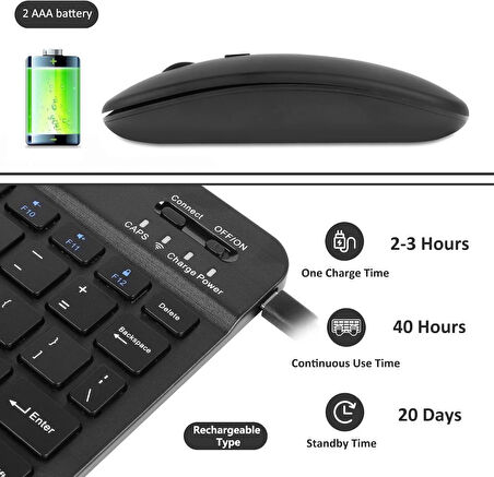 Acer Iconia P10 (NT.LG1EY.001) 10.4" Uyumlu Kablosuz Bluetooth Şarjlı Klavye Mouse Seti - Siyah