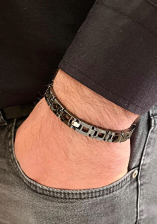 Seramik ve 1. Sınıf Çelik Mixli Siyah Erkek Bileklik 21 cm