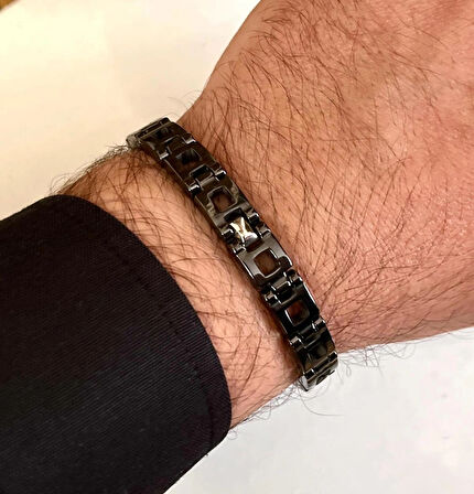 Seramik ve 1. Sınıf Çelik Mixli Siyah Erkek Bileklik 21 cm