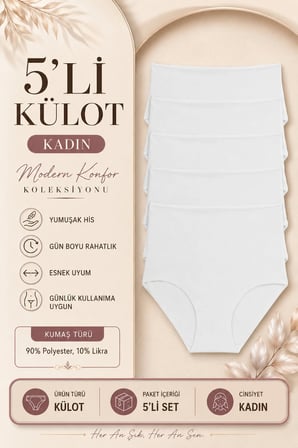 Kadın Külot Ekstra Yüksek Bel Lazer Kesim Esnek Iz Yapmayan 5 li Paket Polyester BEYAZ