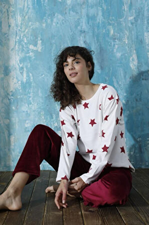 Kadın Bisiklet Yaka Düşük Omuz İnterlok Pamuklu Üst Kadife Alt Kışlık Pijama Eşofman Takım