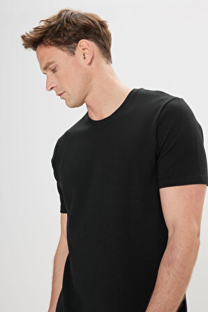 Erkek Siyah Slim Fit Dar Kesim Bisiklet Yaka Kısa Kollu Yumuşak Tuşeli Basic Tişört