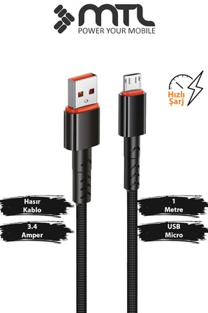 3.4A USB to Micro USB Hasır Örgülü Hızlı Şarj ve Data Kablosu 1 Metre Siyah MT2014