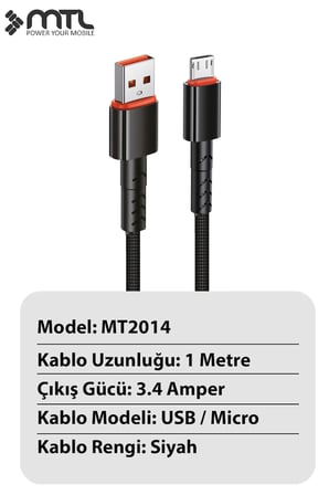 3.4A USB to Micro USB Hasır Örgülü Hızlı Şarj ve Data Kablosu 1 Metre Siyah MT2014