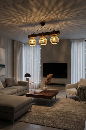 Celestia Home Üçlü Rustik Ahşap Avize El Yapımı Bohem Doğal Ahşap Tasarım İskandinav Dekor Lamba Halatlı Sarkıt
