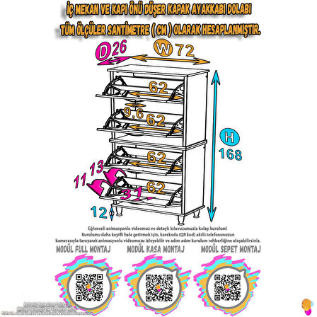 Modilayn UMAY' 2 Li Kapı Önü 72 x 168x 25,5 cm’ lik 4 Düşer Kapak 8 Göz Bölmeli Ayakkabılık