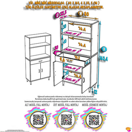 Modilayn VİO Fırın Dolabı (80x163,4x32.5 cm) Çekmeceli Kapaklı Mini/Midi Mikrodalga Mutfak Dolabı