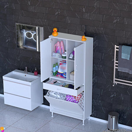 Modilayn YENİ AFRA 70x173x32,5 cm' lik 1 Çekmece, 2 Göz Sepet, 2 Kapak, 4 Raf Dar Alan Banyo Dolabı