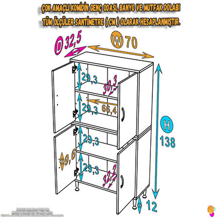 Modilayn OHBE 70x138x32,5 cm Ekstra Düzen İçin Kullanışlı 4 Kapak 4 Bölmeli Banyo Mutfak Dolabı