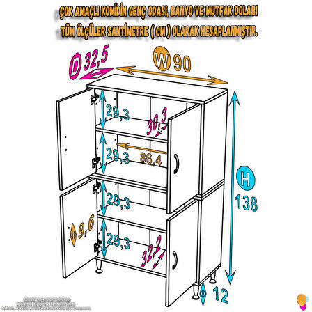 Modilayn OHBE 90x138x32,5 cm Ekstra Düzen İçin Kullanışlı 4 Kapak 4 Bölmeli Banyo Mutfak Dolabı