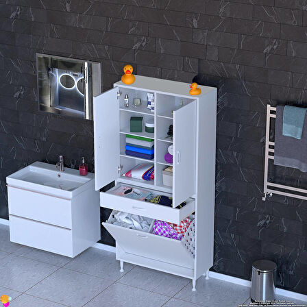Modilayn YENİ AFRA 70x173x32,5 cm' lik 1 Çekmece, 2 Göz Sepet, 2 Kapak, 8 Raf Dar Alan Banyo Dolabı