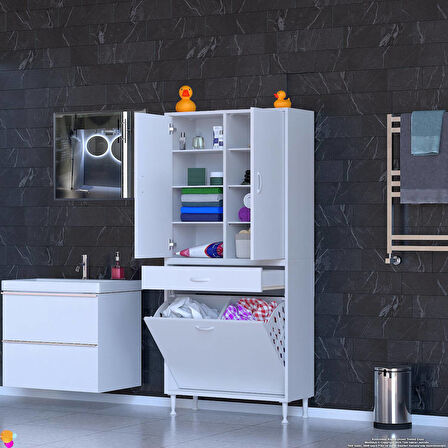 Modilayn YENİ AFRA 70x173x32,5 cm' lik 1 Çekmece, 2 Göz Sepet, 2 Kapak, 8 Raf Dar Alan Banyo Dolabı